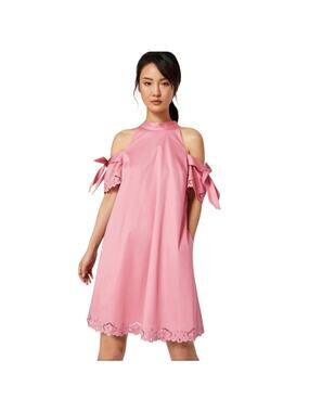 Ted Baker London Pink Cold Shoulder Halter Dress Embroidered Scallop Hem size 0